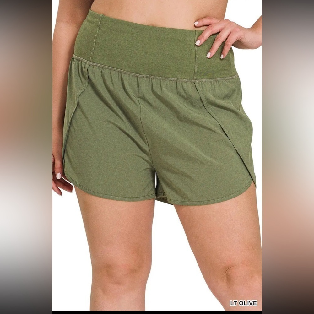Zenana Lt Olive Plus Size Olive High Waist Zipper Back Pockets Running Shorts